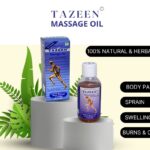 Tazeen Massage Oil bottle and box – herbal body massage oil for pain relief and relaxation