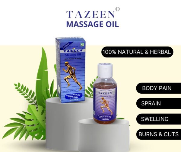 Tazeen Massage Oil bottle and box – herbal body massage oil for pain relief and relaxation