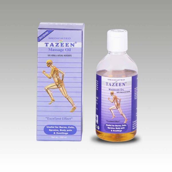 Tazeen Massage Oil bottle and box – herbal pain relief and body relaxation oil