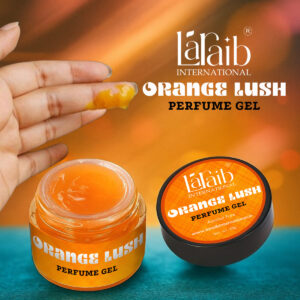 Orange Lush Perfume Gel displayed with hand holding the product