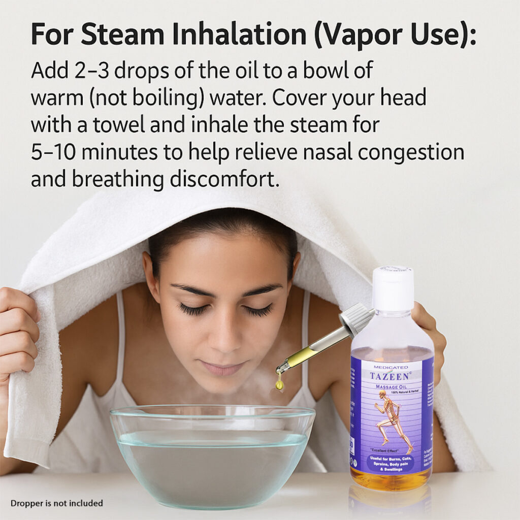 Steam inhalation using Tazeen Massage Oil for cold, cough and nasal congestion relief