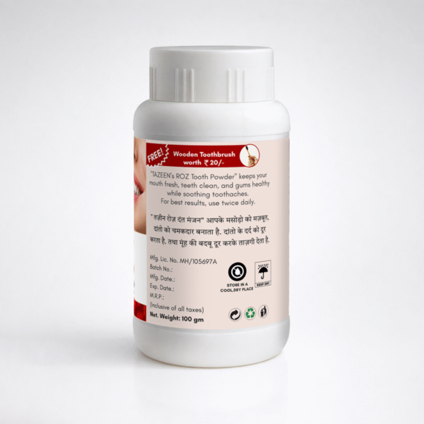 Tazeen Herbal Roz Tooth Powder usage instructions benefits and storage information label