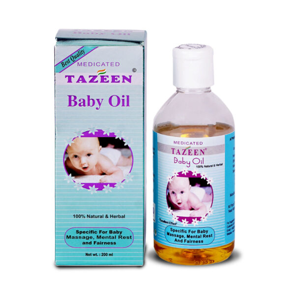 Tazeen Baby Oil bottle and packaging – Herbal baby massage oil with almond, olive, rose, and sesame oils