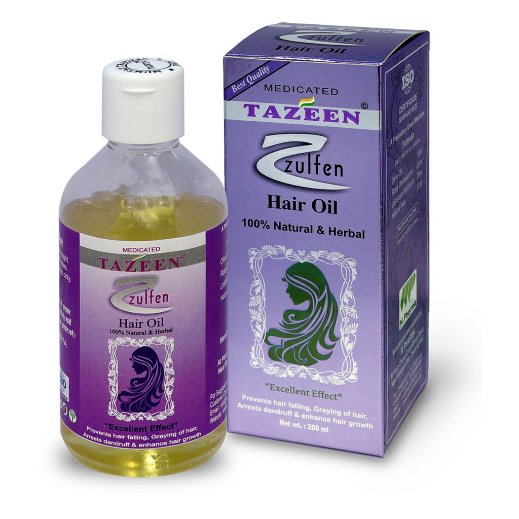 Tazeen Zulfen Hair Oil bottle and packaging box – Herbal hair growth oil for all hair types