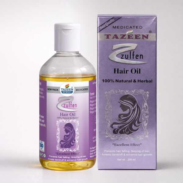 Tazeen Herbal Zulfen Hair Oil bottle and box 100 percent natural medicated hair care