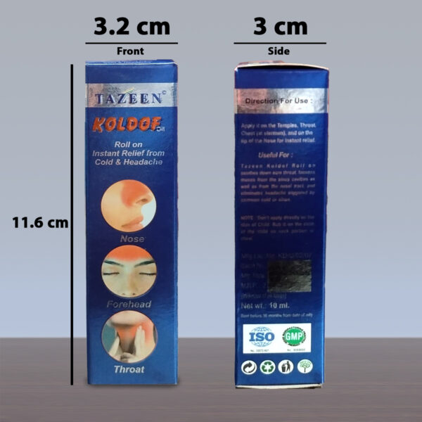 Tazeen Koldof Oil box dimensions – 11.6 cm height, 3.2 cm width (front), 3 cm width (side)