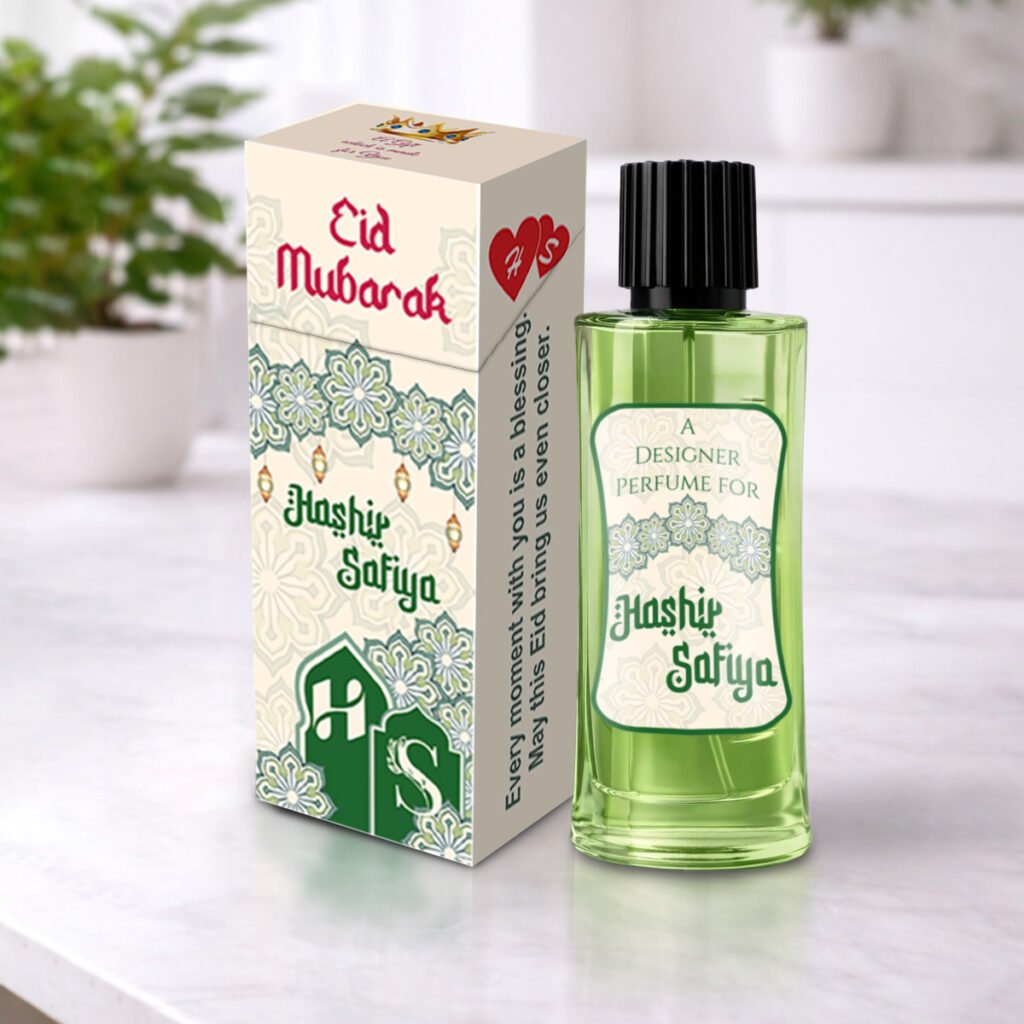 Personalized Eid Mubarak perfume with custom name printing on bottle and box – perfume gift