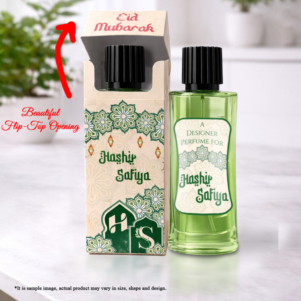 Personalized Eid Mubarak perfume gift with custom names in flip-top box