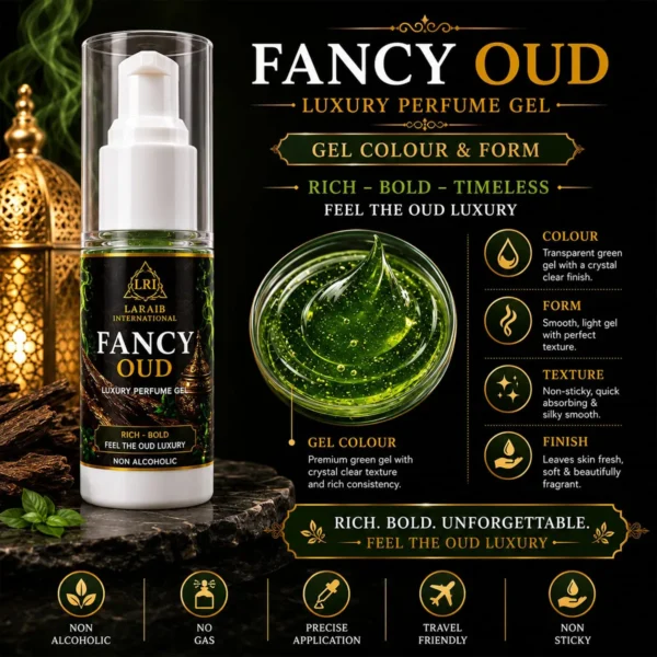 Fancy Oud Luxury Perfume Gel transparent green gel texture and premium fragrance formula