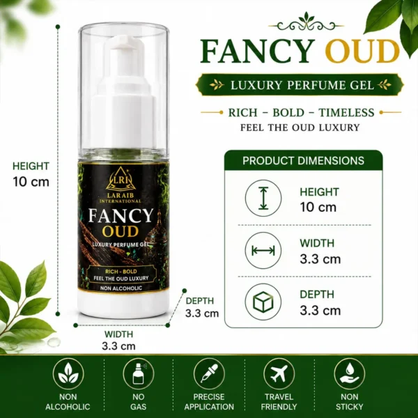 Fancy Oud Luxury Perfume Gel product dimensions height 10 cm width 3.3 cm depth 3.3 cm