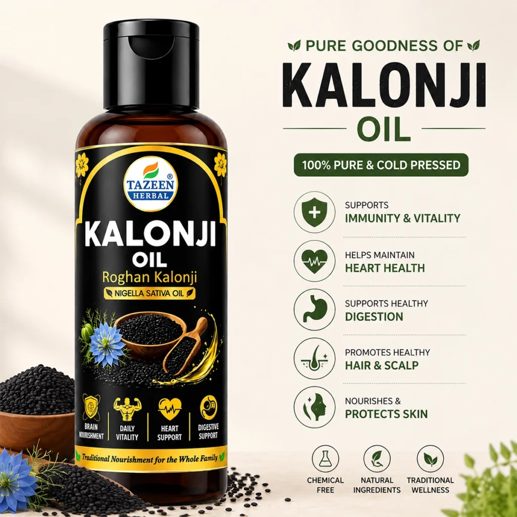 Tazeen Herbal Kalonji Oil 100ml premium cold pressed Nigella Sativa oil bottle