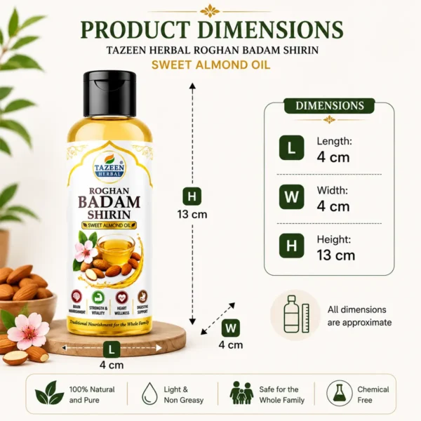 Tazeen Herbal Roghan Badam Shirin 100ml bottle dimensions 4cm x 4cm x 13cm