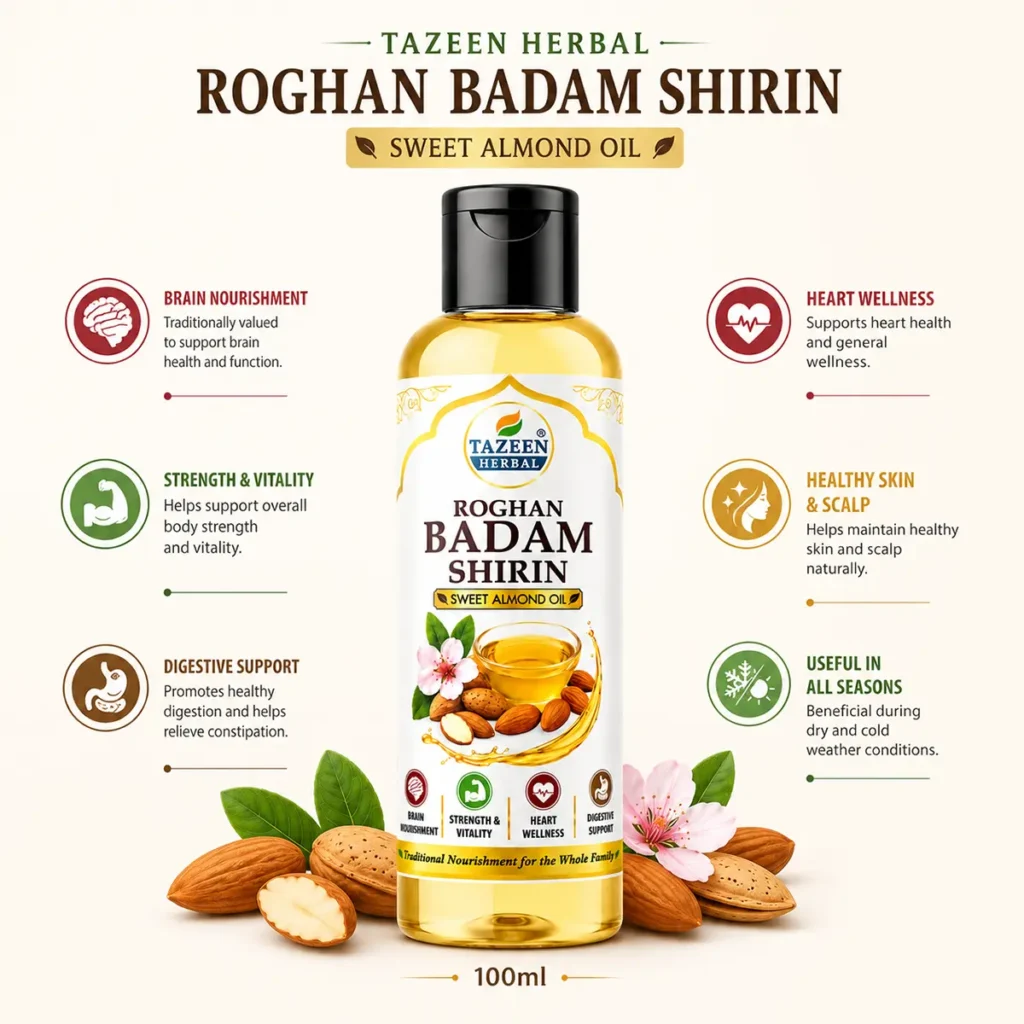 Tazeen Herbal Roghan Badam Shirin Sweet Almond Oil 100ml for brain nourishment, skin care, hair care and digestive wellness