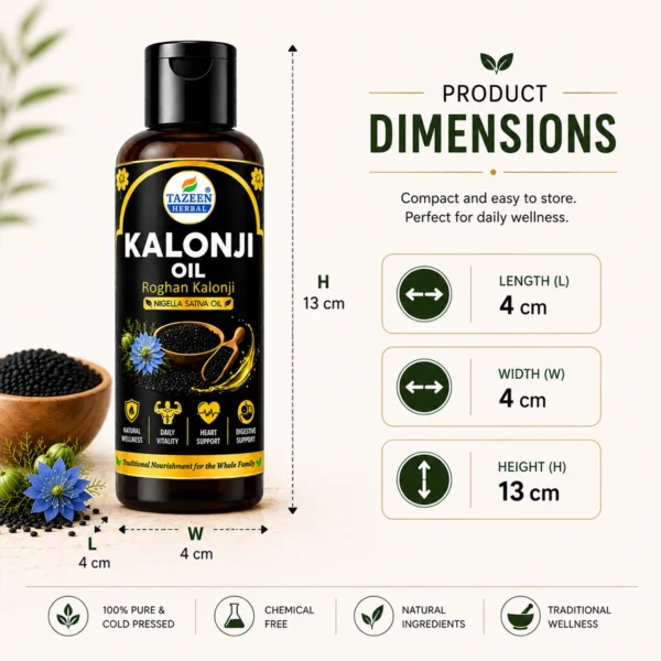 Tazeen Herbal Kalonji Oil 100ml bottle dimensions 4cm x 4cm x 13cm